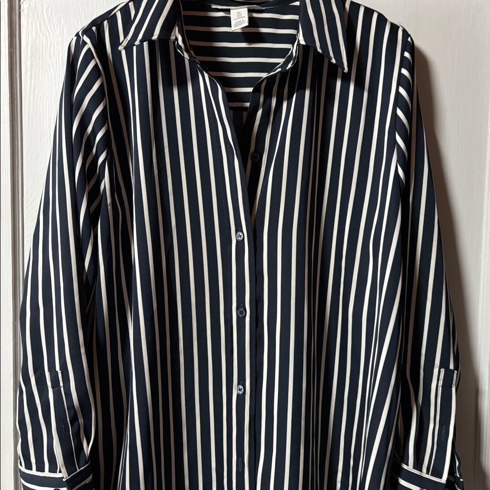 H&M navy stripe satin shirt.